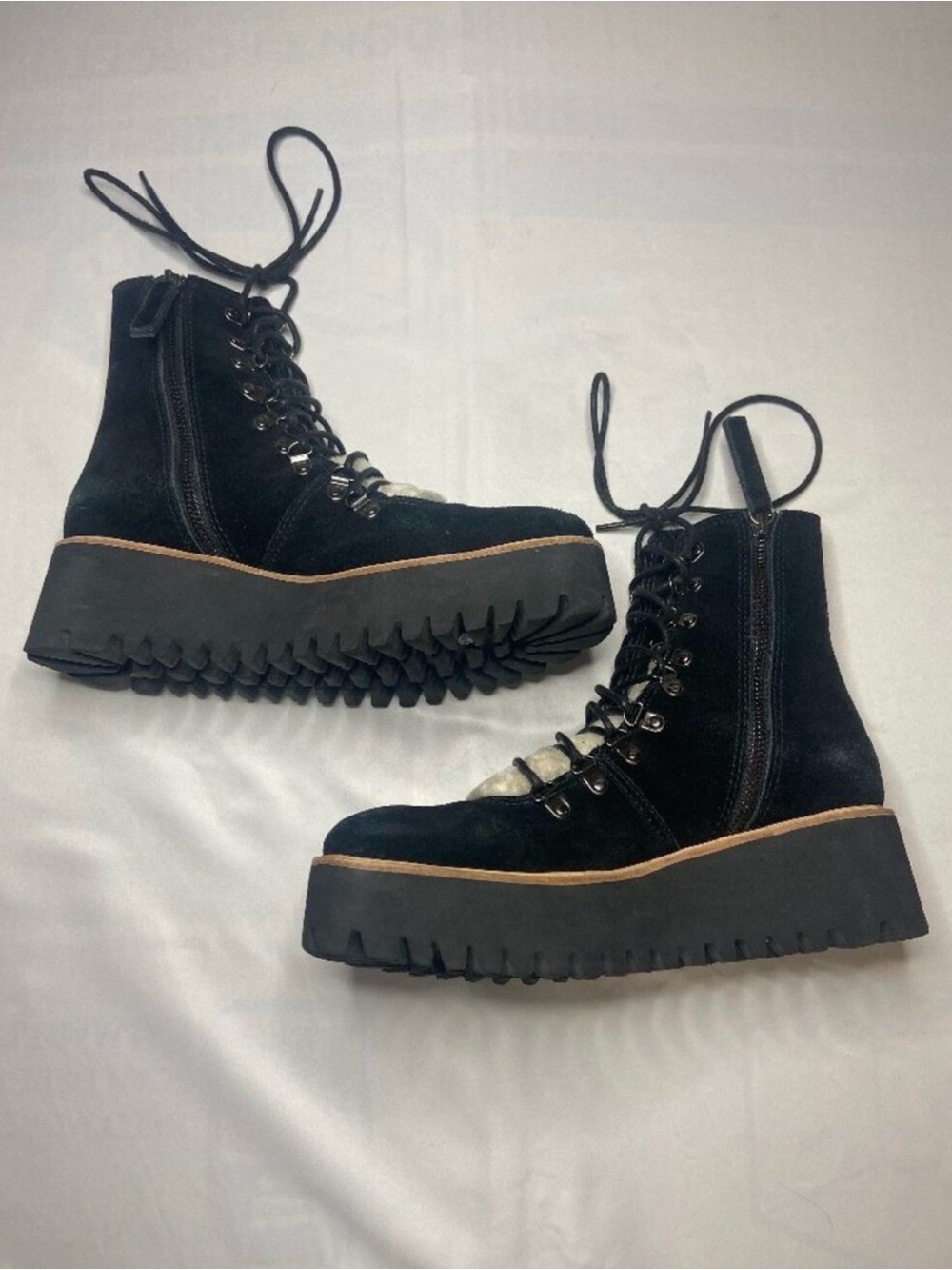 All Black Sherpa Lace-Up Boots Fur Platform Grunge Goth Punk Combat